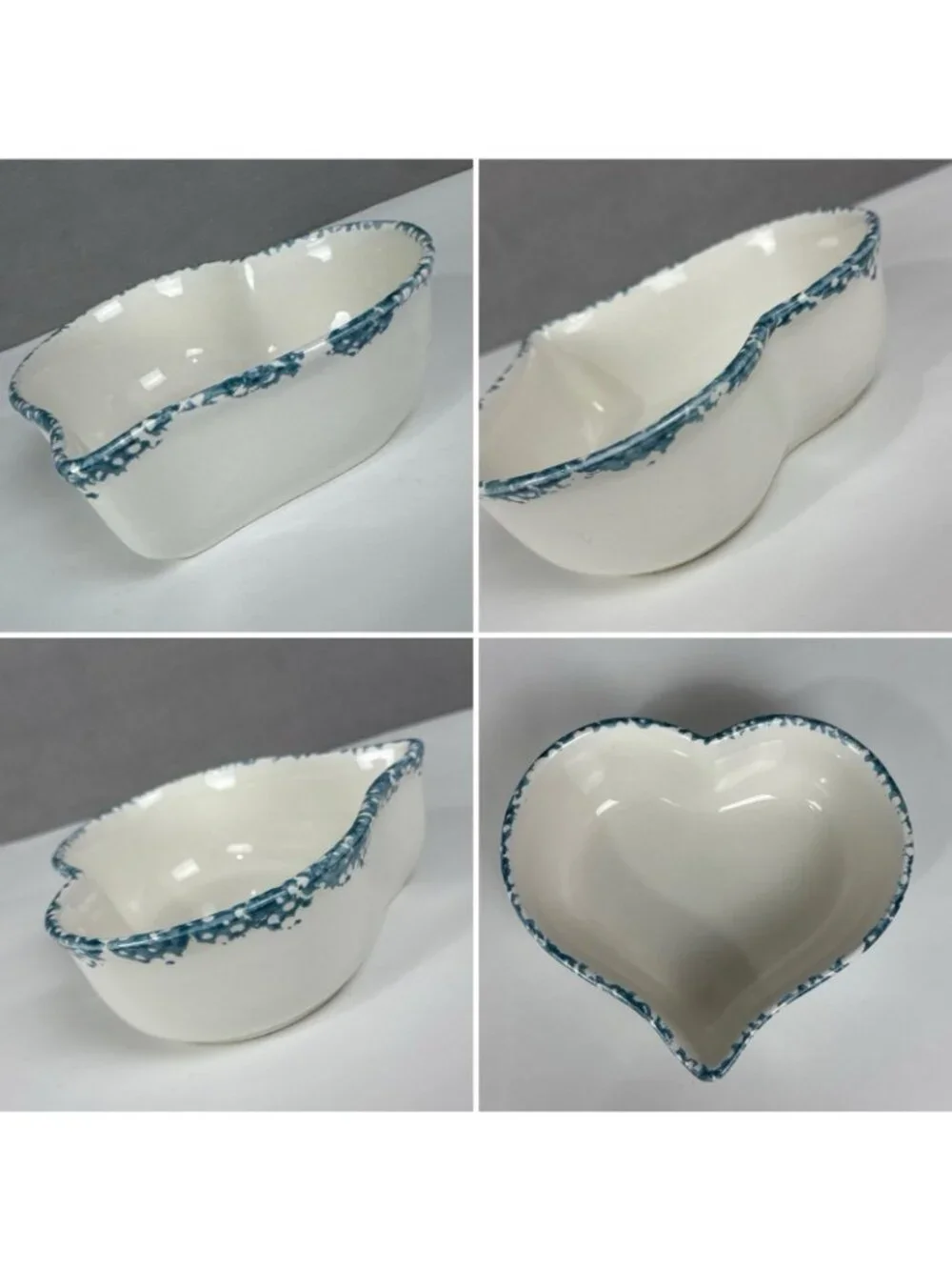 1990s Loan An Ceramic Heart Blue Spongeware 7.5